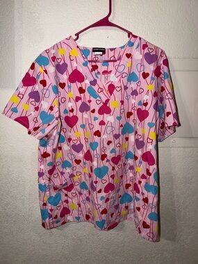 Pink Heart-Print Short Sleeve Scrub Top by